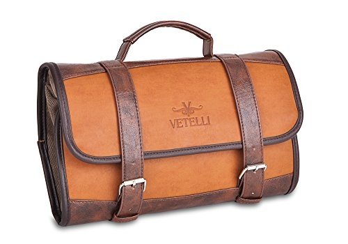 VETELLI Hängende Herren Kulturtasche aus Leder | Retro Kulturbeutel zum Aufhängen mit Tragegriff |